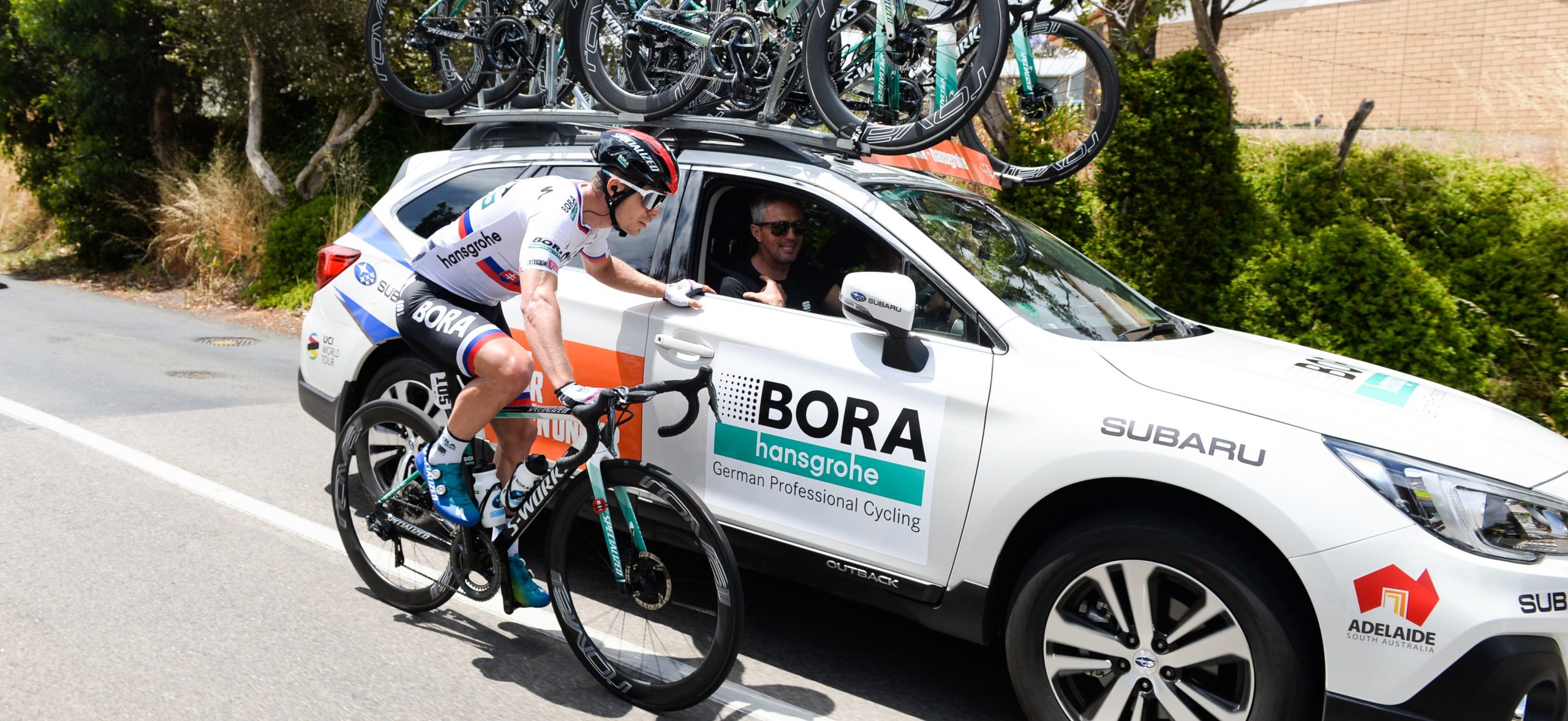 Bora-Hansgrohe's Peter Sagan talking with his team during the Tour Down Under