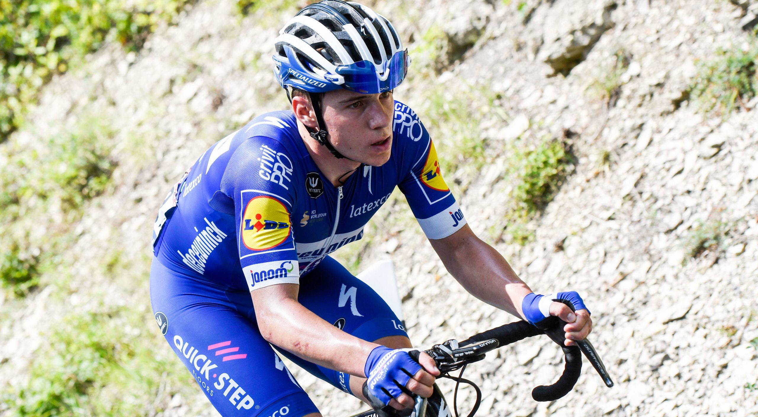 Deceuninck - Quick-Step Cycling team's Remco Evenepoel is giving his during a cycling stage
