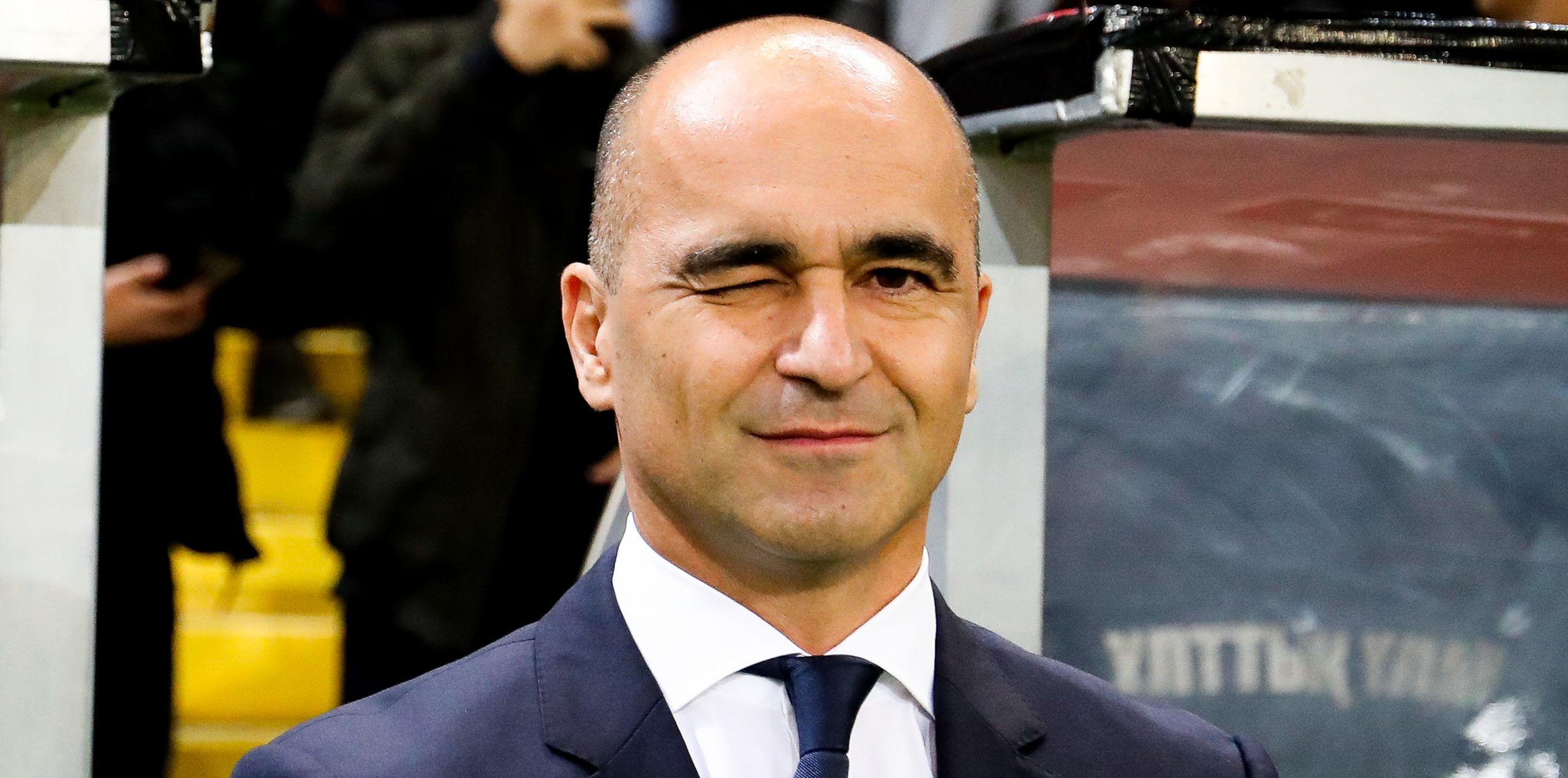 Belgium's head coach Roberto Martinez winking at the press during a Euro 2020 Qualifying game